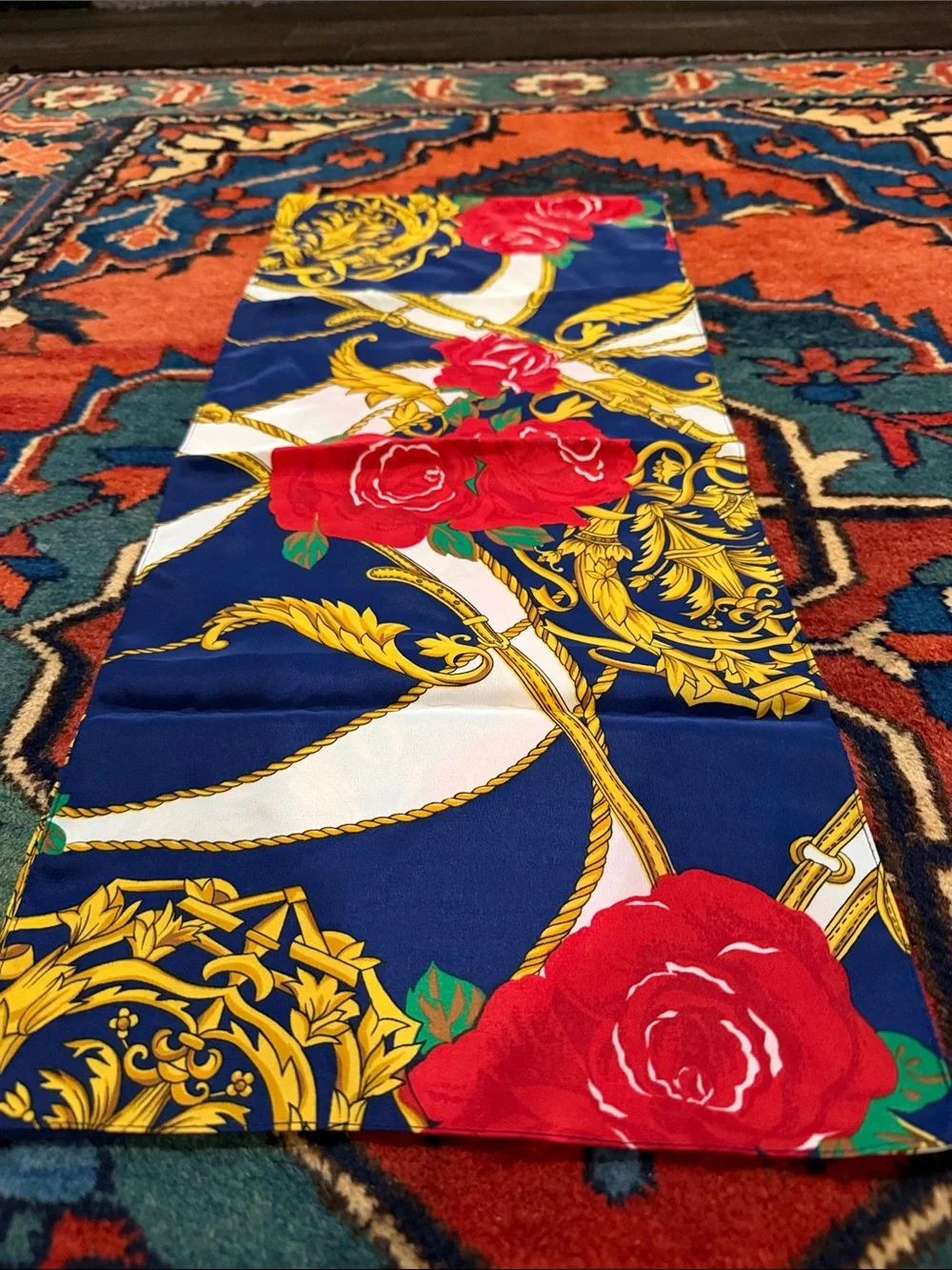 Vintage 80s/90s Baroque Maximalist Silk Scarf Royal Blue Gold Chain Red Roses